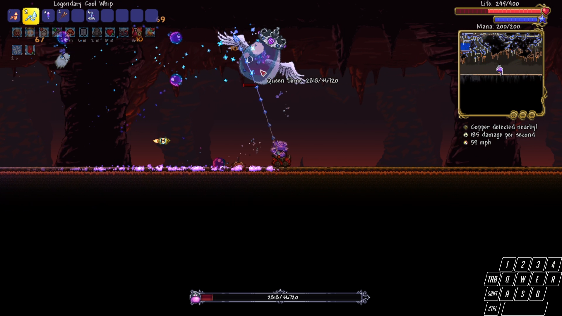 Player on a moving minecart, hitting qs with a whip, while minions of player and projectiles from qs are left behind.